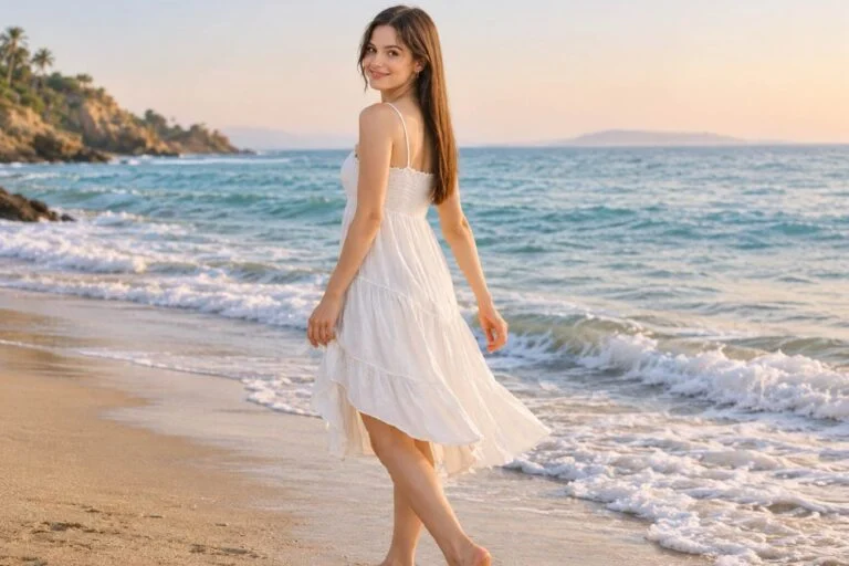 Woman in a white sundress walking barefoot on the beach with smooth legs: full body laser hair removal